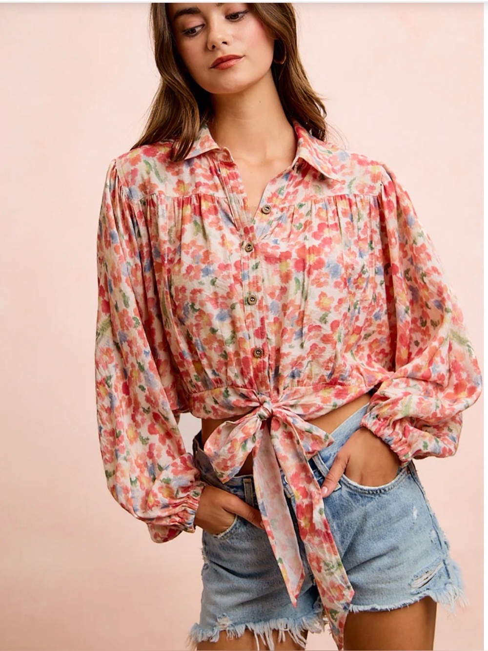Floral Tie-Front Blouse in Pink